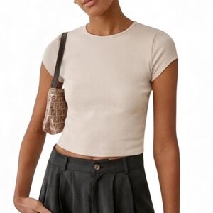 Reformation Muse Ribbed Cropped Short Sleeve Tan Top Size Medium